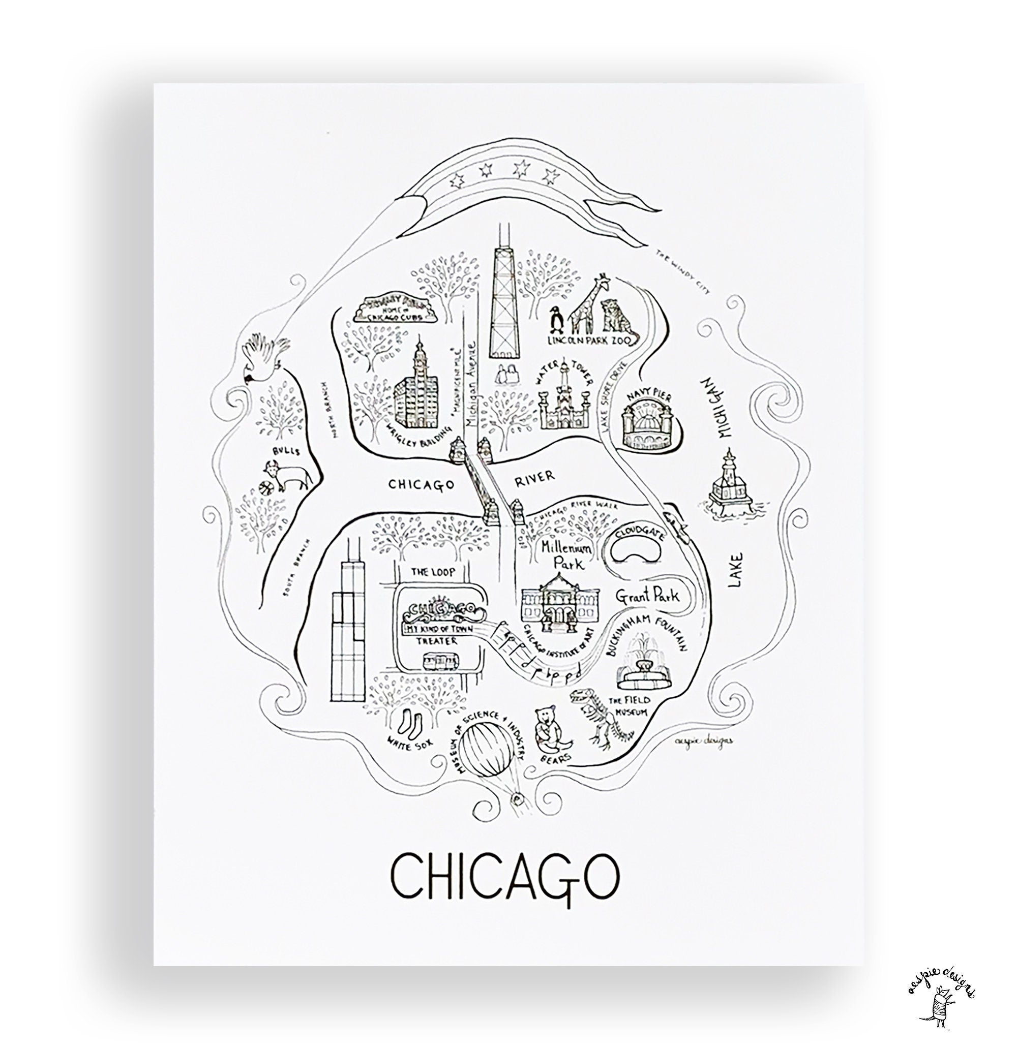 Chicago City Map Art Print - Black & White