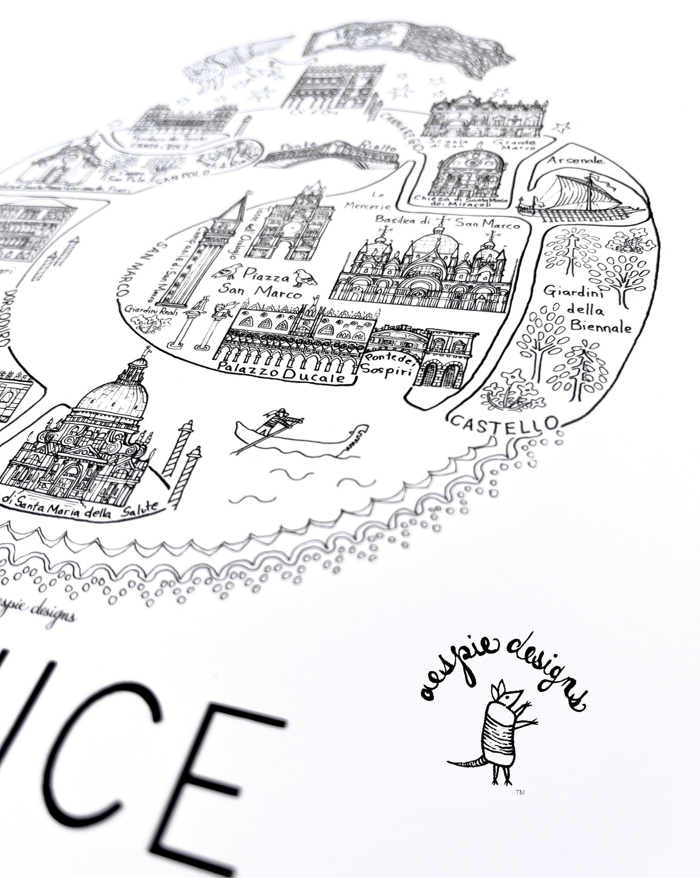 Venice City Map Art Print Black & White