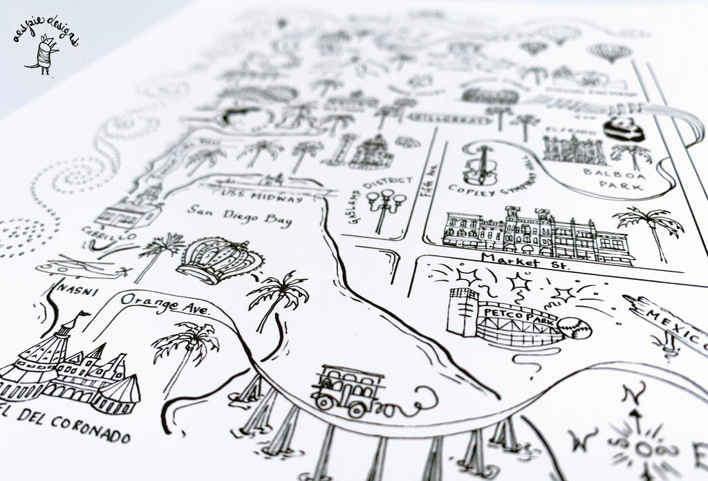 San Diego City Map Art Print - Black & White