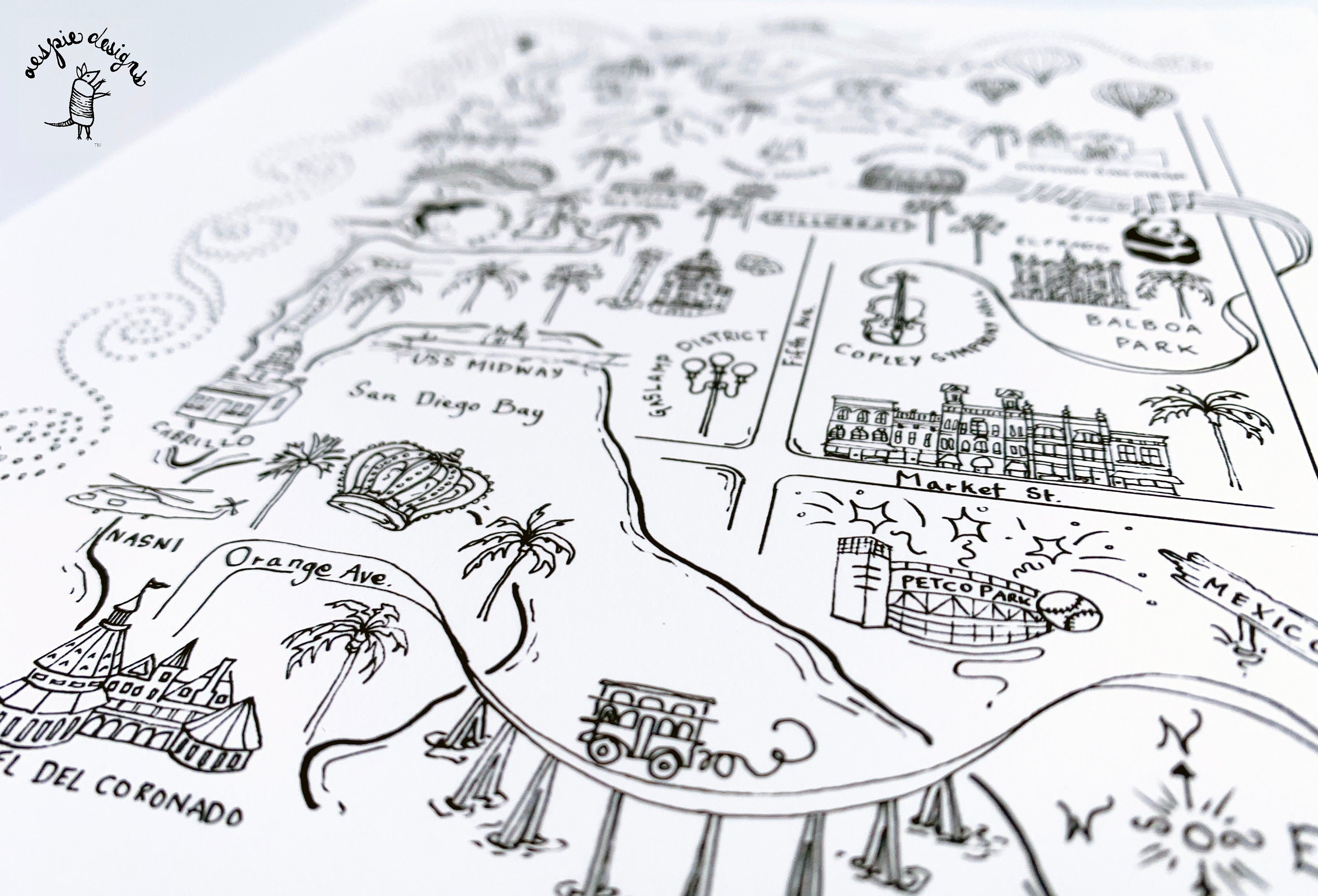 San Diego City Map Art Print - Black & White