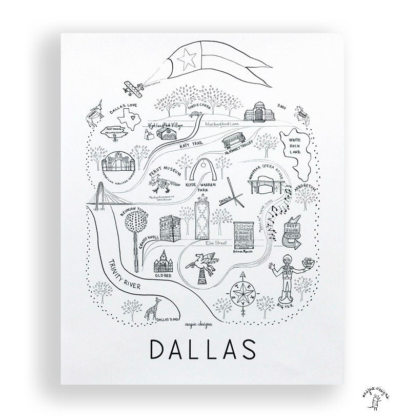 Dallas City Map Art Print Black & White