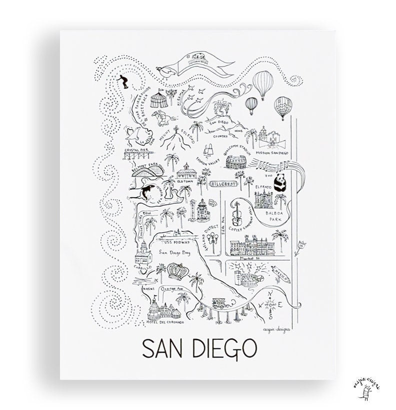 San Diego City Map Art Print - Black & White