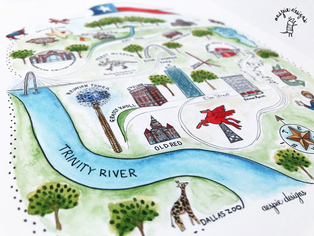 Dallas City Map Art Print - Watercolor