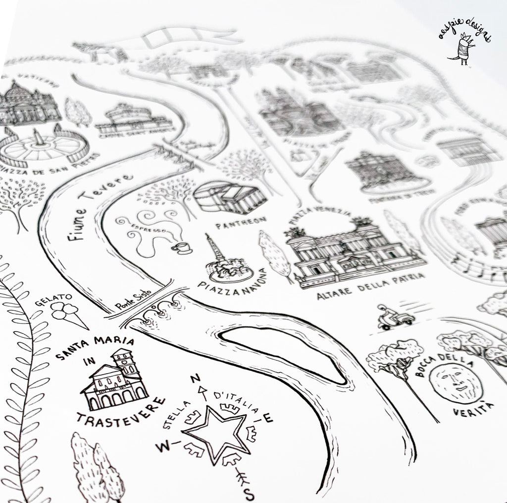 Rome City Map Art Print - Black & White