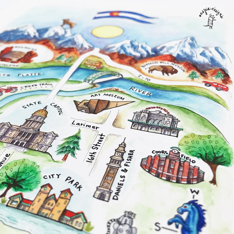 Denver City Map Art Print - Blue - Watercolor