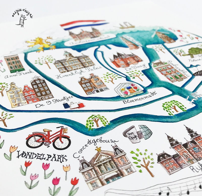 Amsterdam Canals City Map Art Print - Watercolor