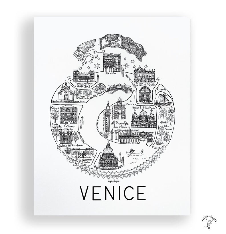 Venice City Map Art Print Black & White