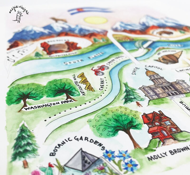 Denver City Map Art Print - Pink - Watercolor