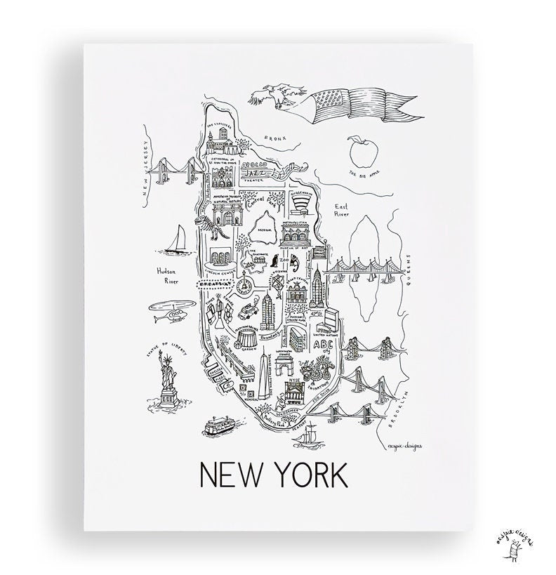 New York City Map Art Print - Black & White