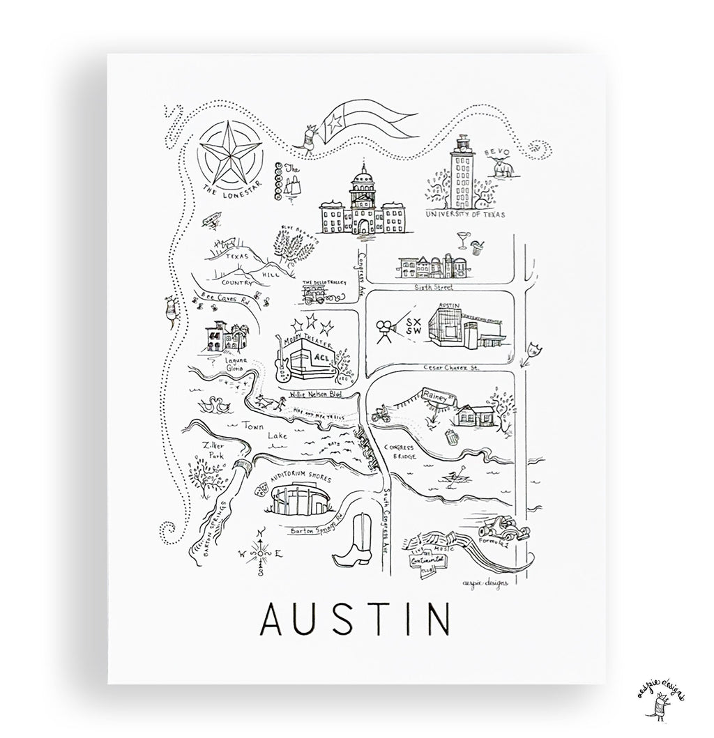 Austin City Map Art Print - Black & White