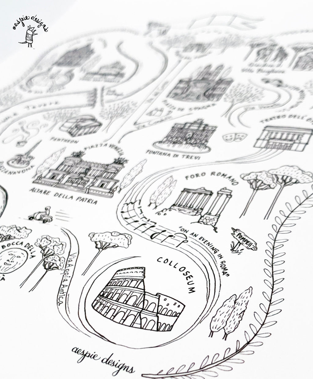 Rome City Map Art Print - Black & White