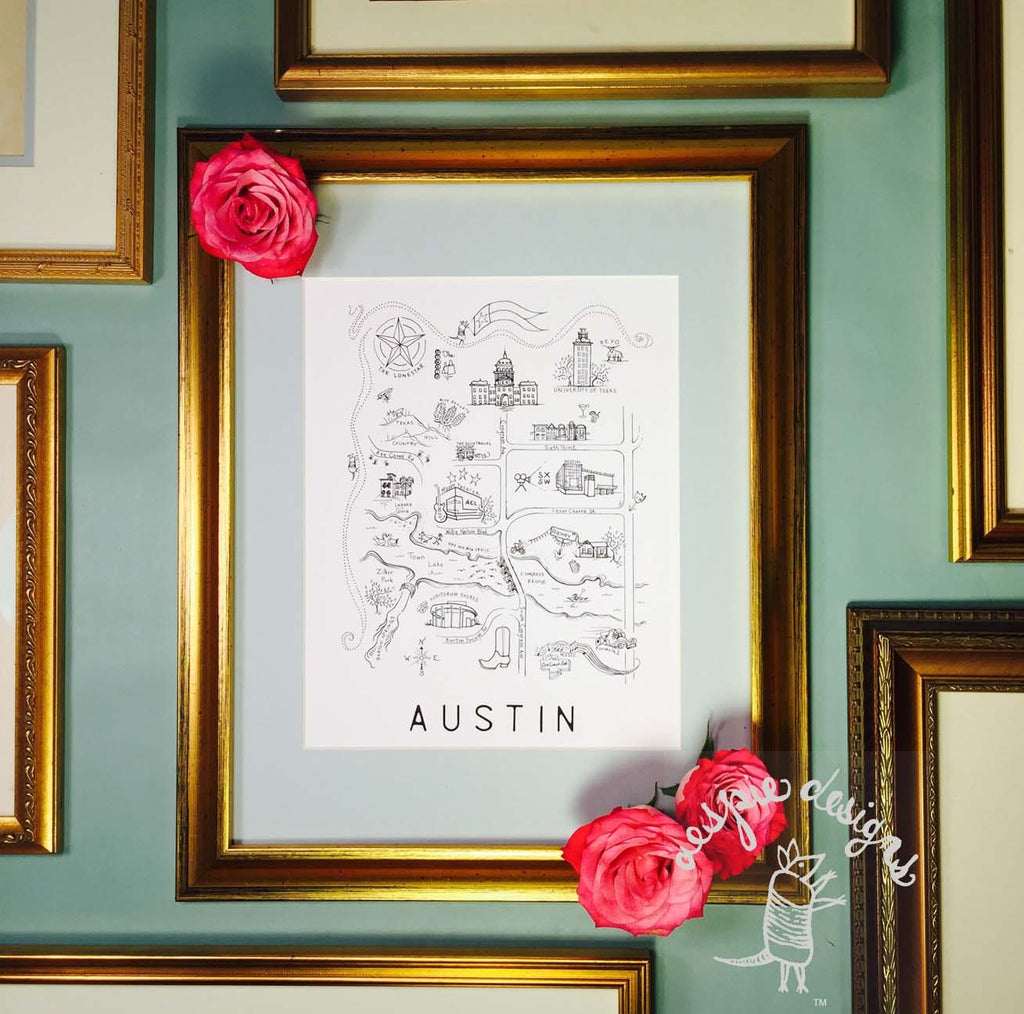 Austin City Map Art Print - Black & White