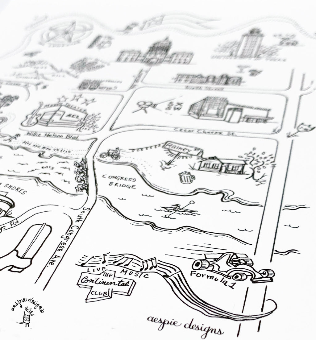 Austin City Map Art Print - Black & White