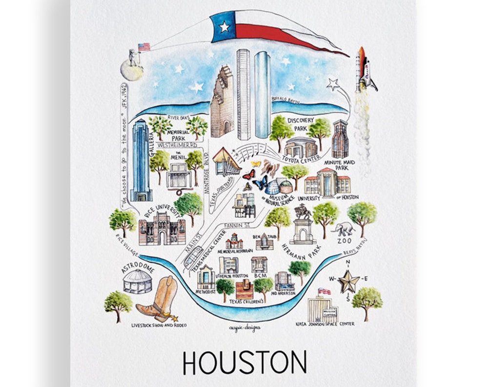 Houston City Map Art Print - Watercolor